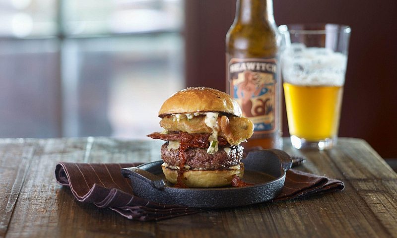 Burger and glass of beer