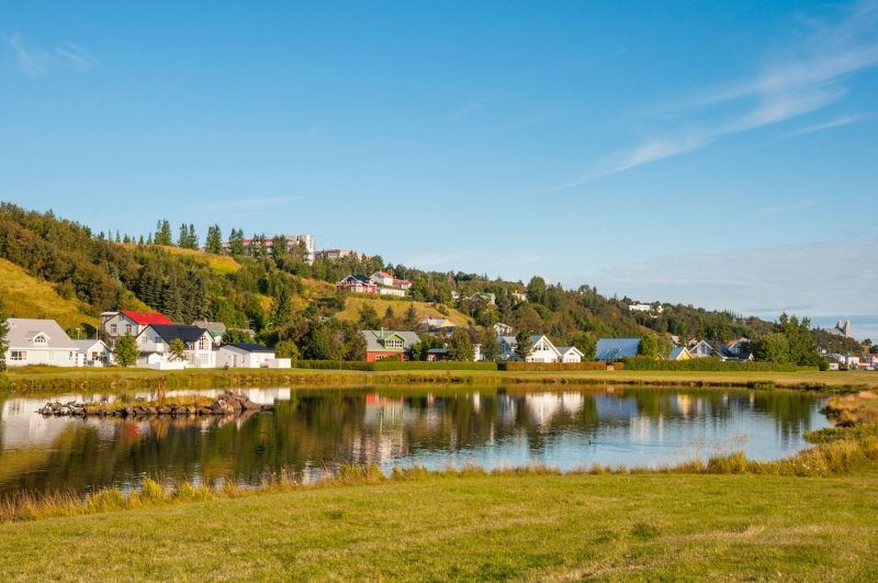 Houses on lake in Akureyri Iceland