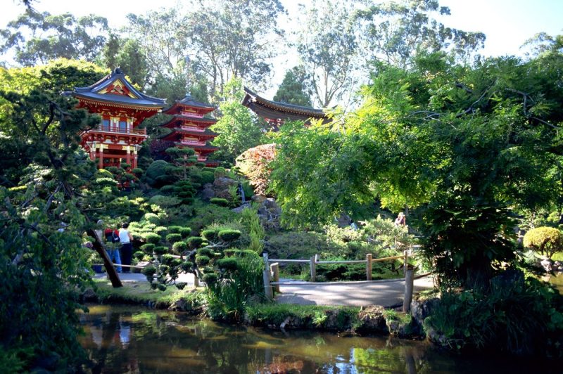 People enjoying the Japanese Tea Garden in the Golden Gate Park San Francisco California