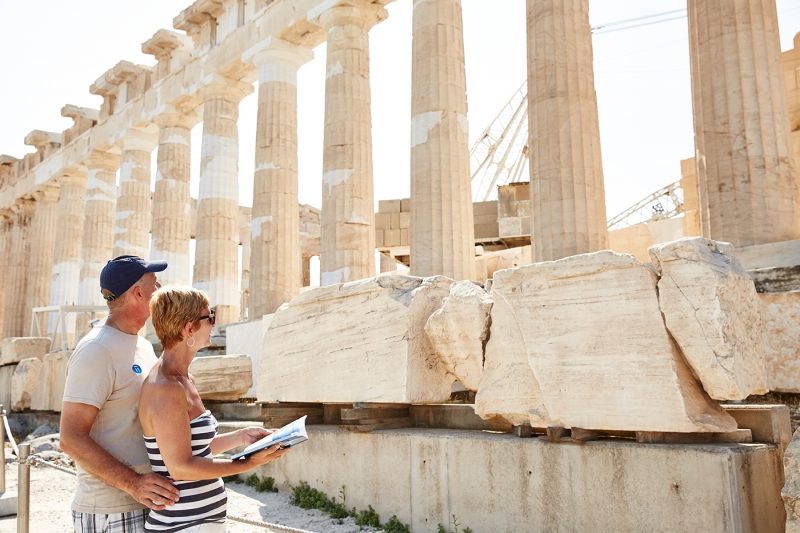 A couple exploring the Acropolis