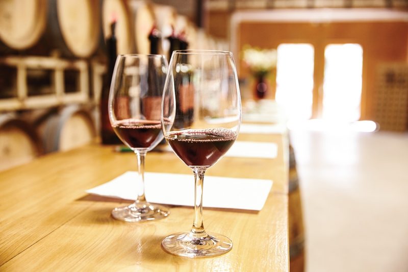 Two wine glasses in winery in California