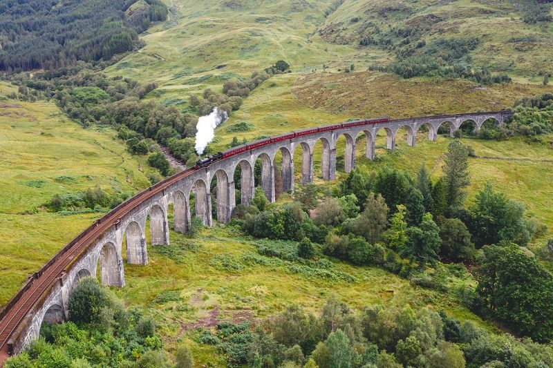 Jacobite steam train crossing the Glenfinnan viaduct