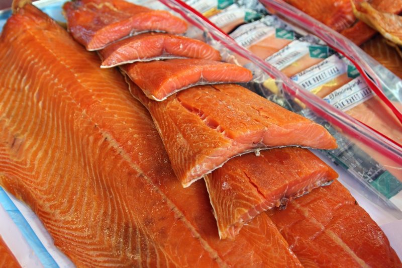 Salmon on a stall at the fish market in Bergen, Norway