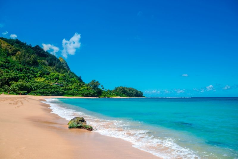 Beautiful sandy beach with bright blue sea in Kauai Hawaii