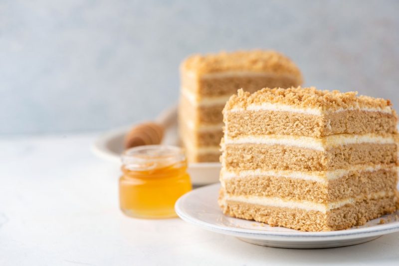 Slices of Napoleonka cake on a plate