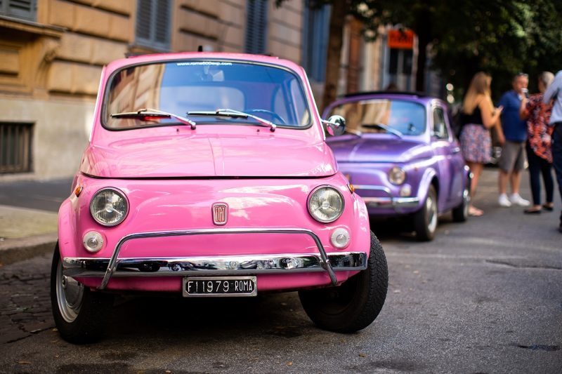 A variety of coloured Fiat cars in Rome