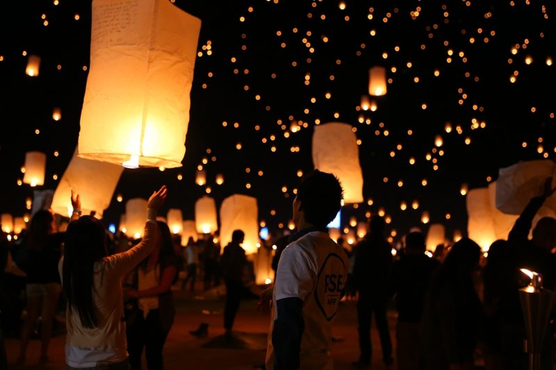 Group of people launching lanterns into sky