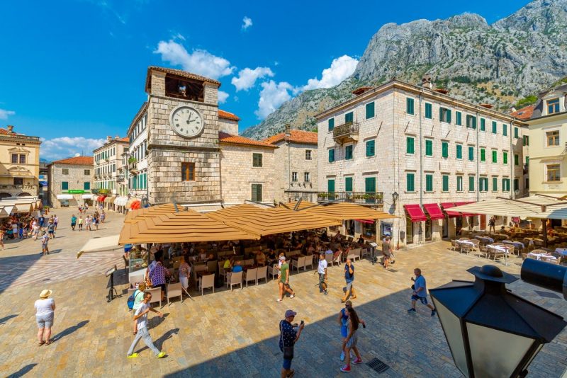 View of Old Town Clock Tower in the Old Town of Kotor, UNESCO World Heritage Site, Kotor, Montenegro