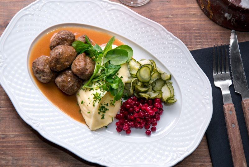 A plate of traditional Swedish meatballs at Meatballs for the People in Stockholm