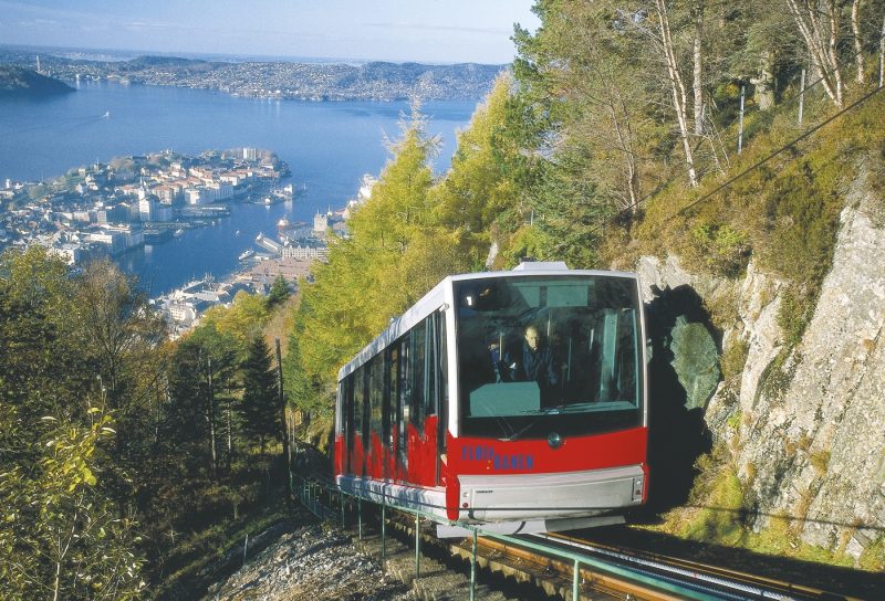 The funicular in Bergen with an Ariel view behind it