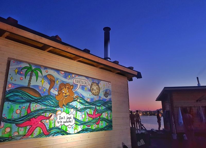 Sauna wall with mural