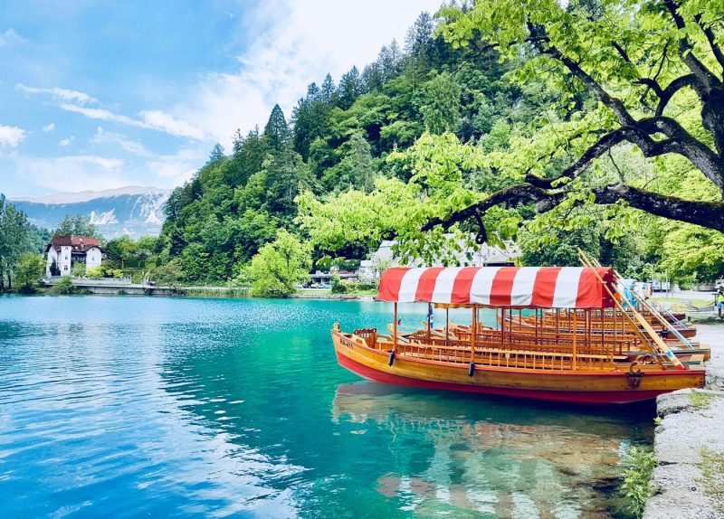 A boat on the water on Lake Bled in Slovenia