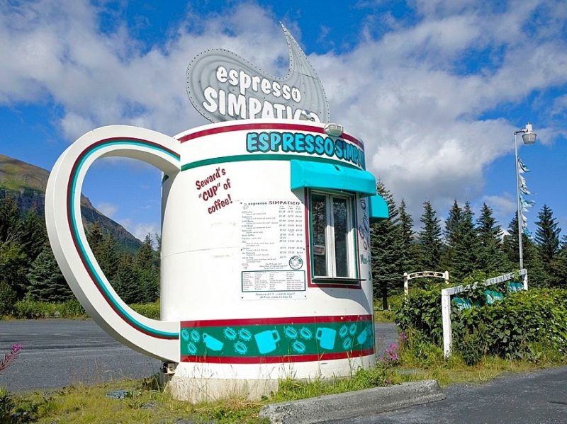 Giant coffee cup roadside coffee stand Seward Alaska