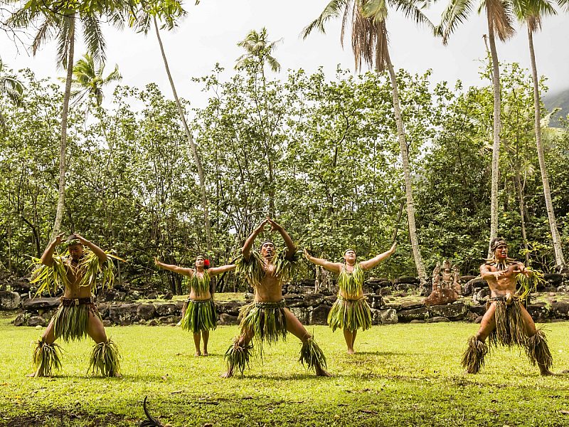 Traditional dance performed in ceremonial costume in Hatiheu, Nuku Hiva Island, Marquesas, French Polynesia, South Pacific