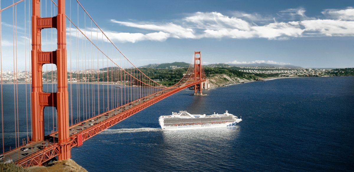 Grand Princess sailing under the Golden Gate Bridge in San Francisco