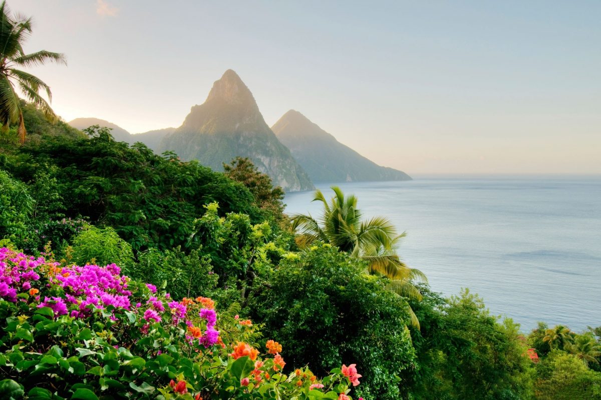 A view of the The Pitons which are two mountainous volcanic spires, located in Saint Lucia