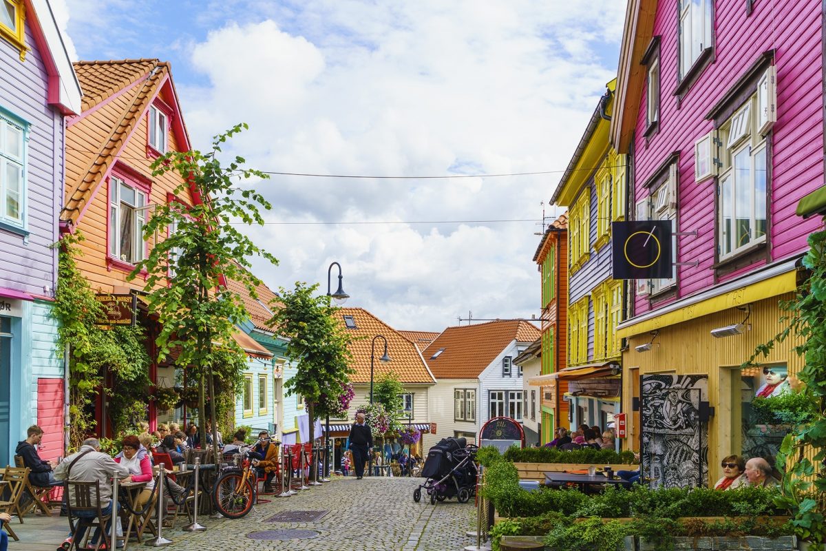 Ovre Holmegate, a colourful street of shops and cafes in the centre of Stavanger,