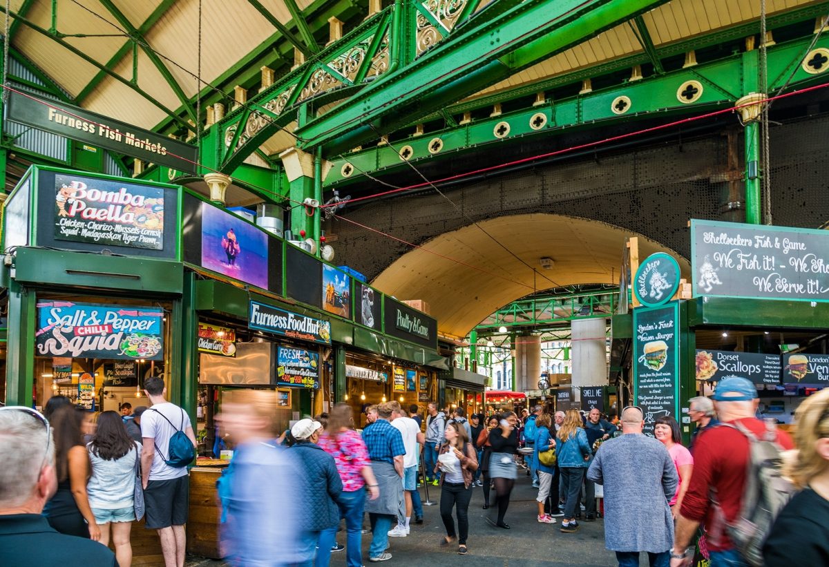 Stalls and people at Borough Market